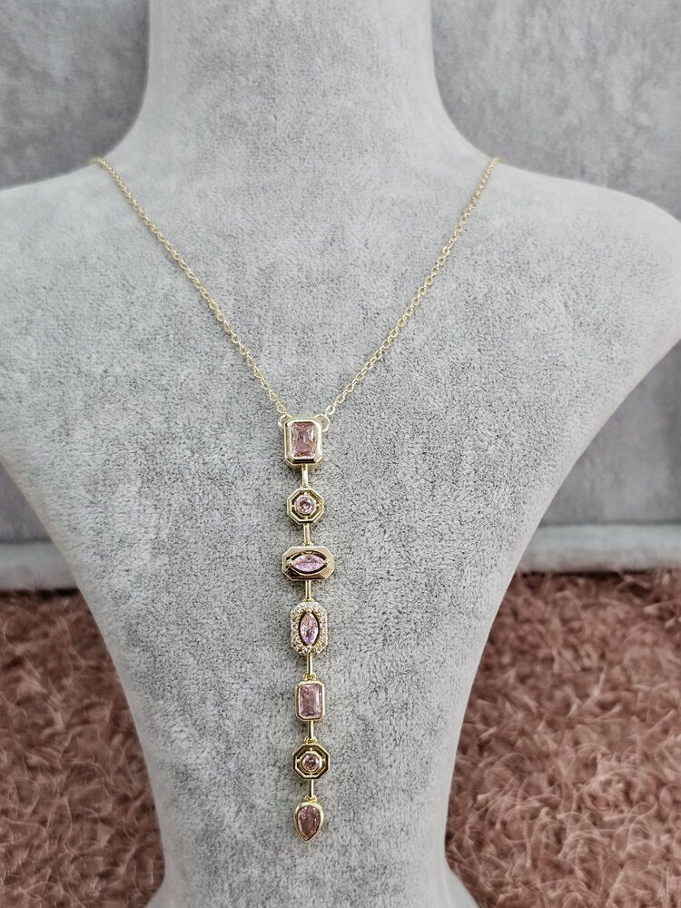 Gold Renkli Pembe Taşlı Y Kolye