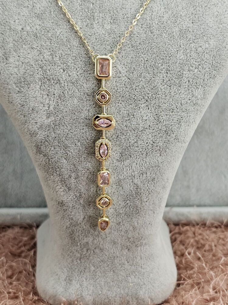 Gold Renkli Pembe Taşlı Y Kolye