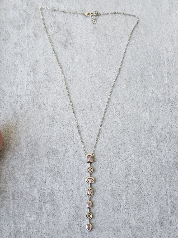 Gümüş Renkli Pembe Taşlı Y Kolye