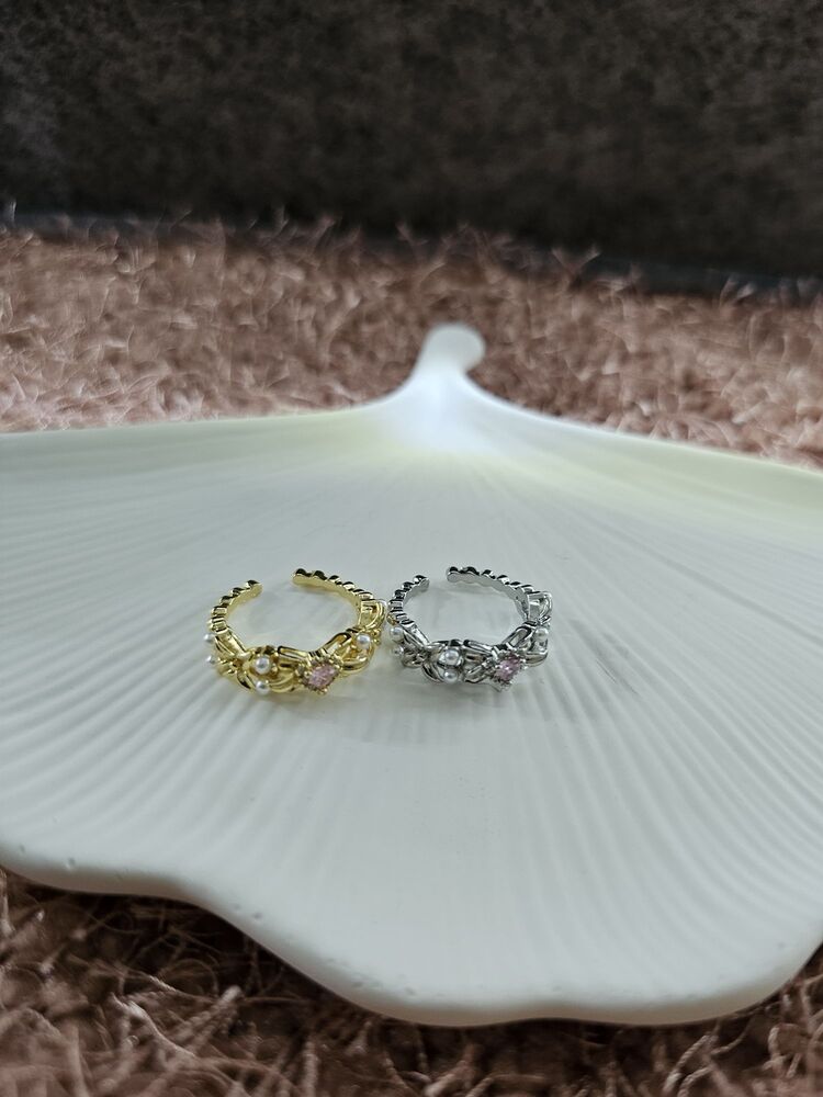 Zirkon Taşlı Pembe Kalp ve Çiçek Detaylı Ayarlanabilir Yüzük