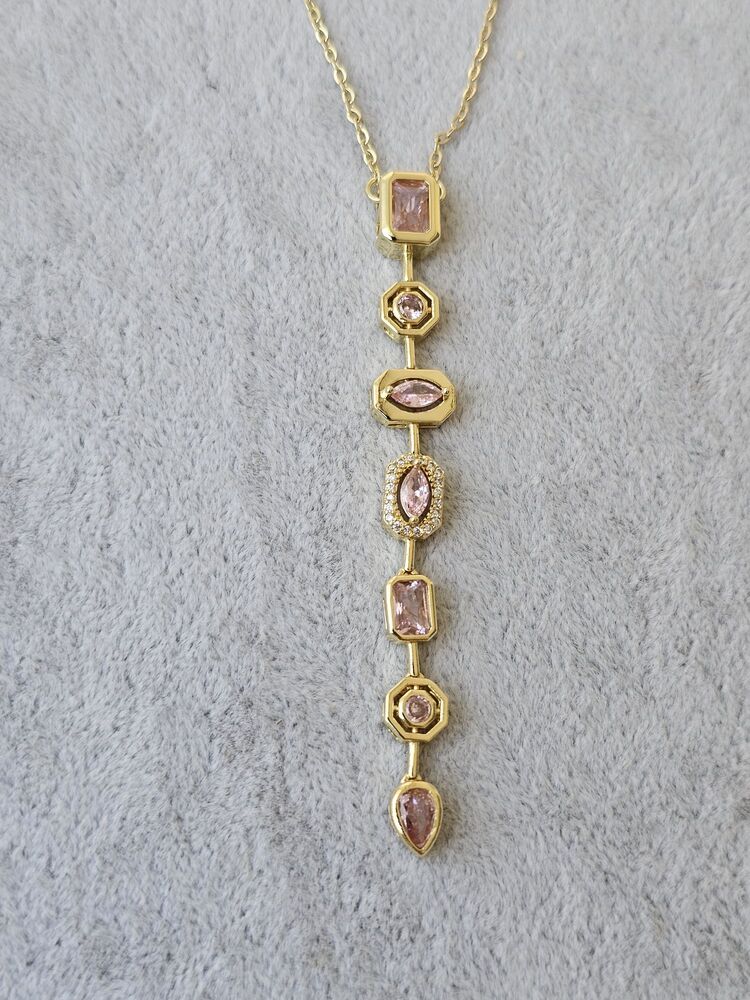 Gold Renkli Pembe Taşlı Y Kolye
