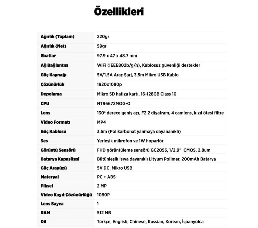 ARAC İÇİ YOL KAMERASI,WİFİ İLE TELEFON BAĞLANTILI,TÜRKÇE DİL DESTEĞİ