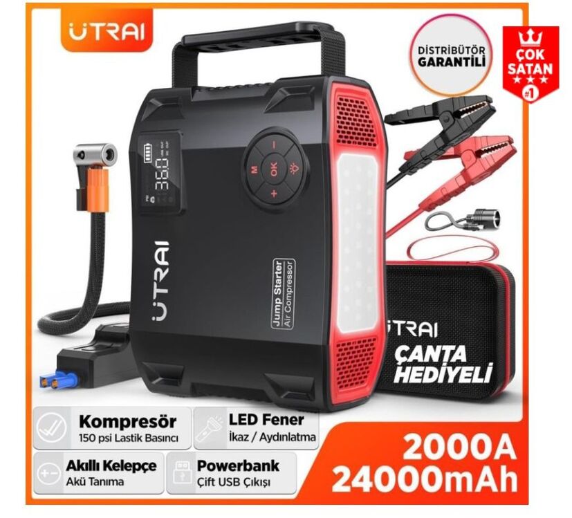 Jump Starter + Lastik Şişirme Pompası Taşınabilir Akü Takviye Cihazı