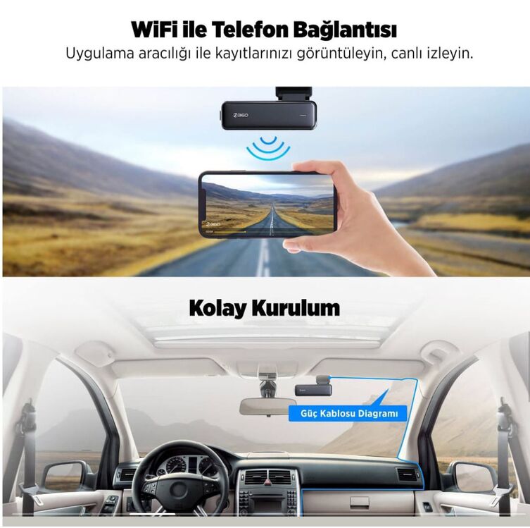 ARAC İÇİ YOL KAMERASI,WİFİ İLE TELEFON BAĞLANTILI,TÜRKÇE DİL DESTEĞİ