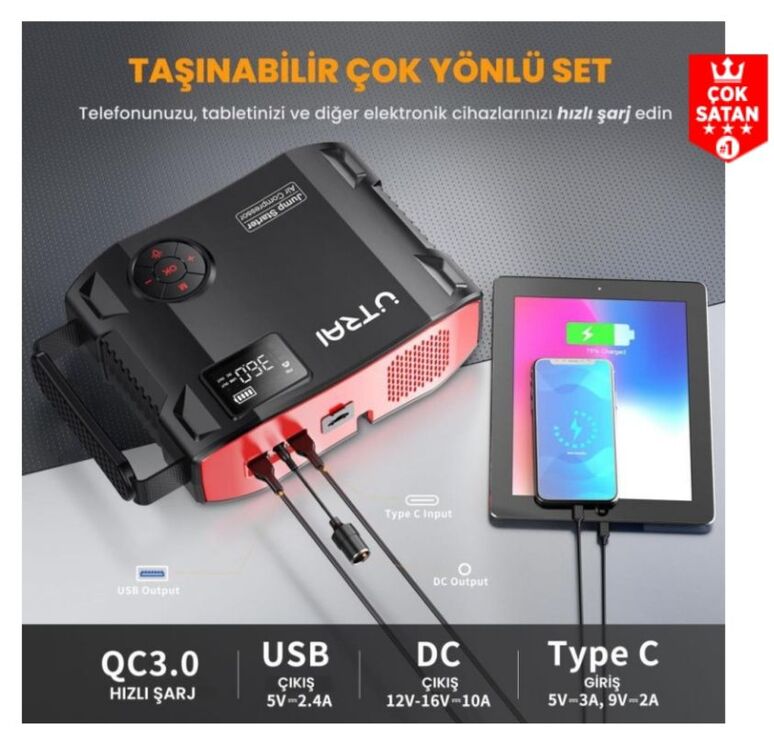 Jump Starter + Lastik Şişirme Pompası Taşınabilir Akü Takviye Cihazı