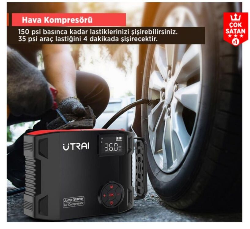 Jump Starter + Lastik Şişirme Pompası Taşınabilir Akü Takviye Cihazı