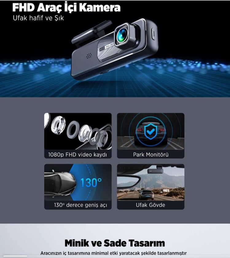 ARAC İÇİ YOL KAMERASI,WİFİ İLE TELEFON BAĞLANTILI,TÜRKÇE DİL DESTEĞİ