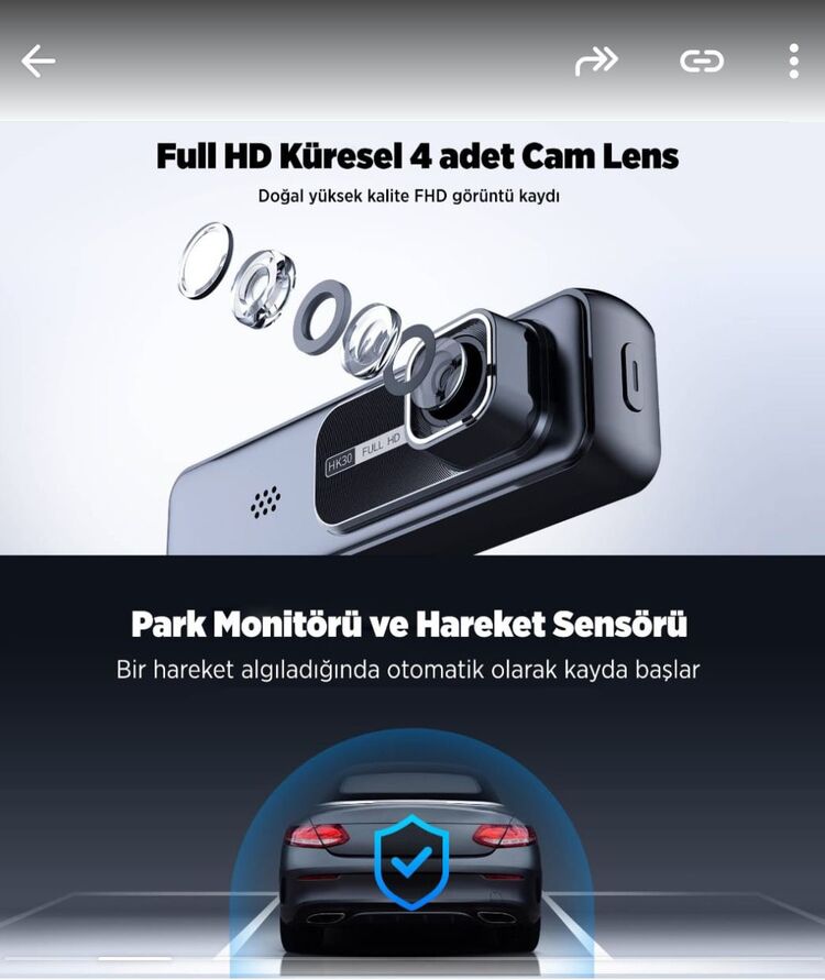 ARAC İÇİ YOL KAMERASI,WİFİ İLE TELEFON BAĞLANTILI,TÜRKÇE DİL DESTEĞİ