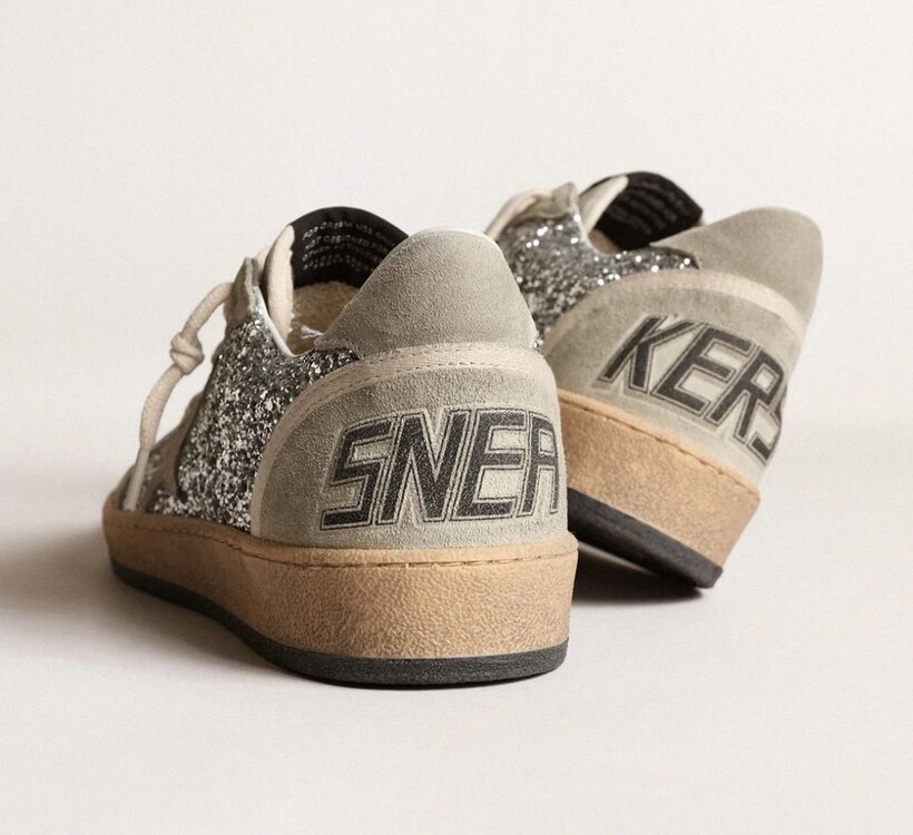 Golden Goose Ball star in silver glitter with ICE- GREY suede inserts