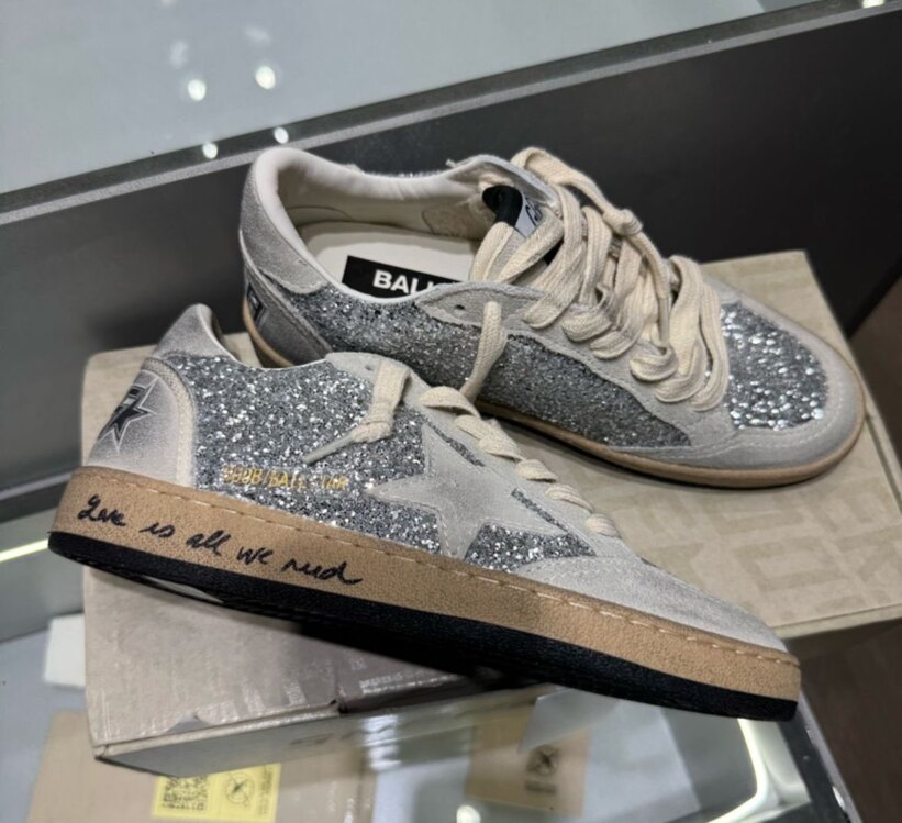Golden Goose Ball star in silver glitter with ICE- GREY suede inserts