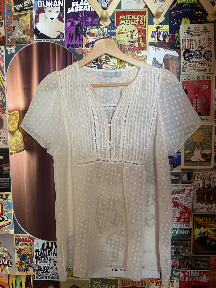 Vintage Lindex Swiss Dot Dantel Detaylı Beyaz Bluz | M-L