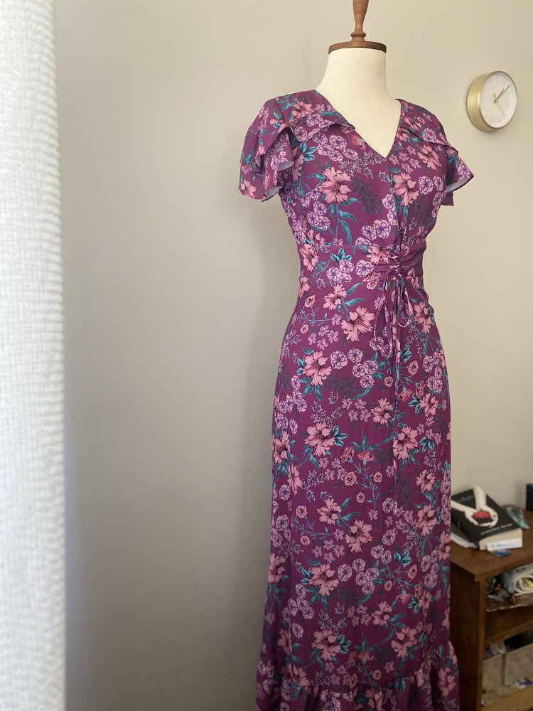 Vintage Mor Çiçek Desenli Korse Detaylı Maxi Elbise