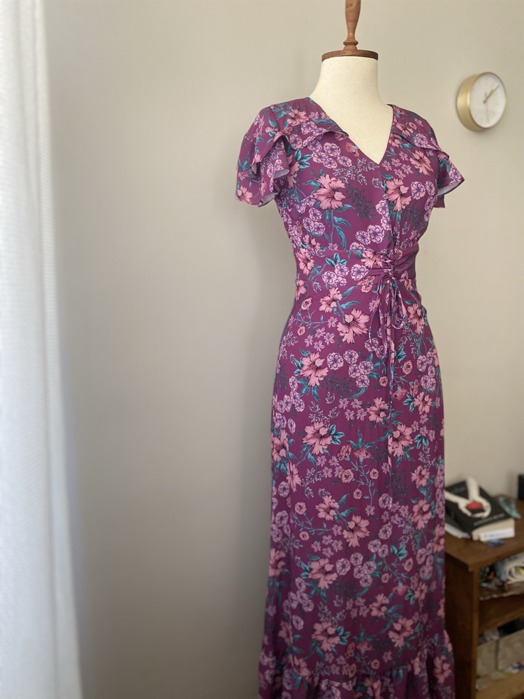 Vintage Mor Çiçek Desenli Korse Detaylı Maxi Elbise
