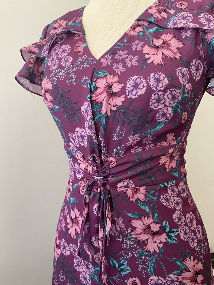 Vintage Mor Çiçek Desenli Korse Detaylı Maxi Elbise