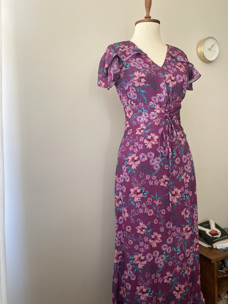 Vintage Mor Çiçek Desenli Korse Detaylı Maxi Elbise