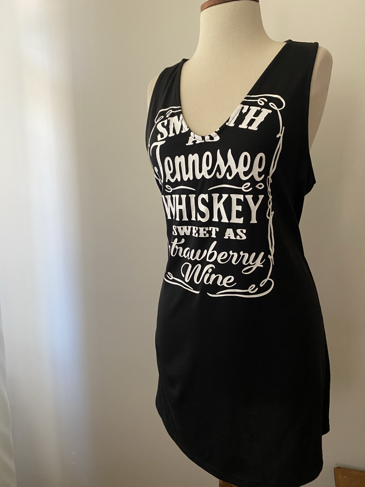 Y2K Tennessee Whiskey Baskılı Siyah Mini Elbise