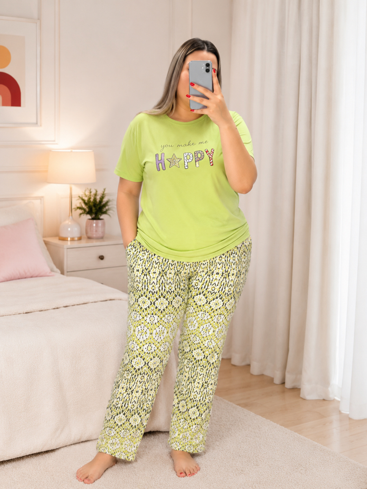 Büyük beden altı desenli kadın pijama takımı