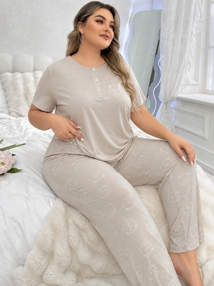 Büyük beden antrasit gri ayıcıklı pijama takımı
