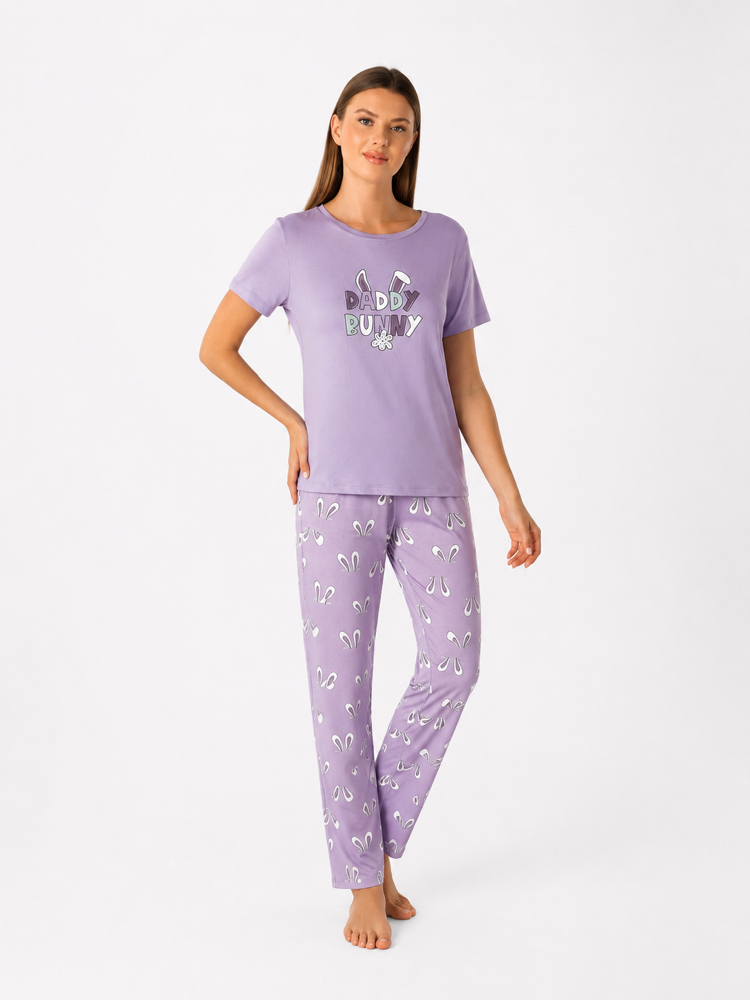 Daddy bunny yazılı mor kadın pijama takımı