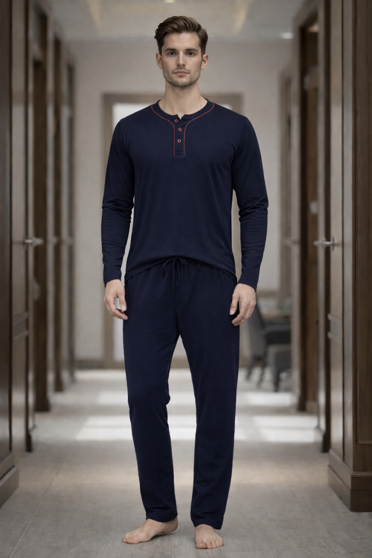 Erkek Uzun kollu Pijama takımı Yarım düğmeli lacivert 