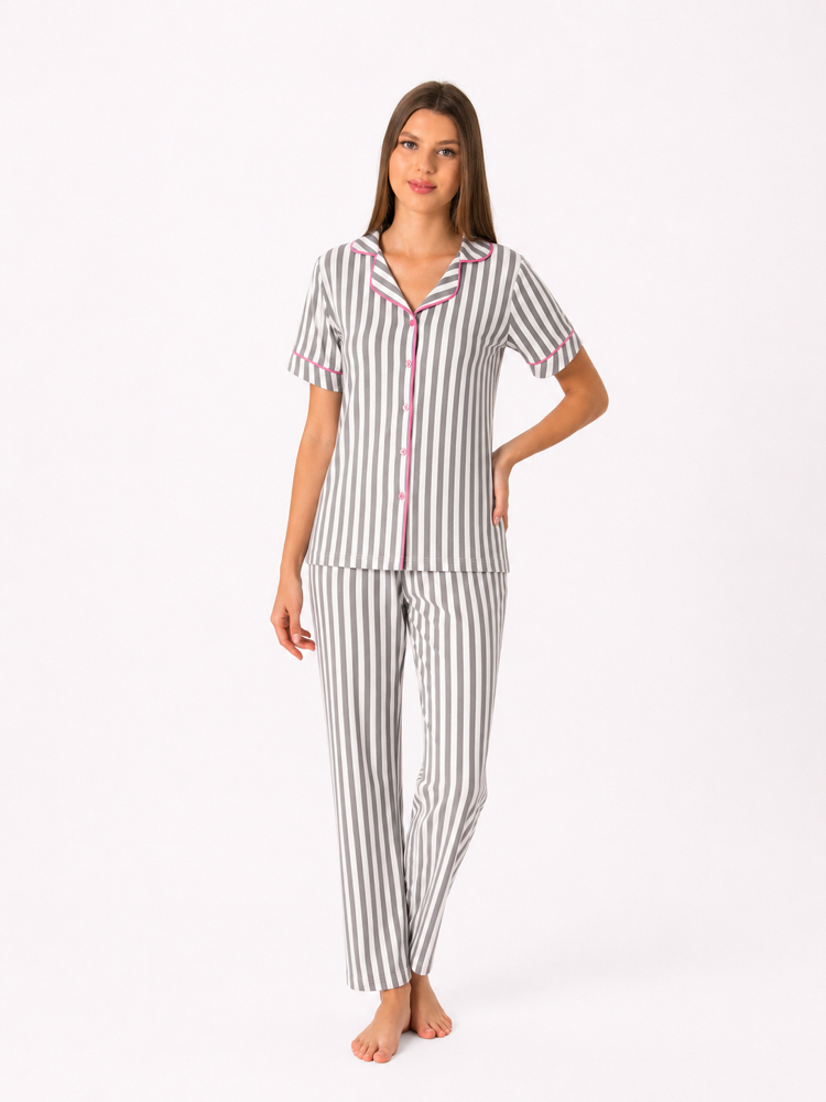 Gri çizgili kadın pijama takımı