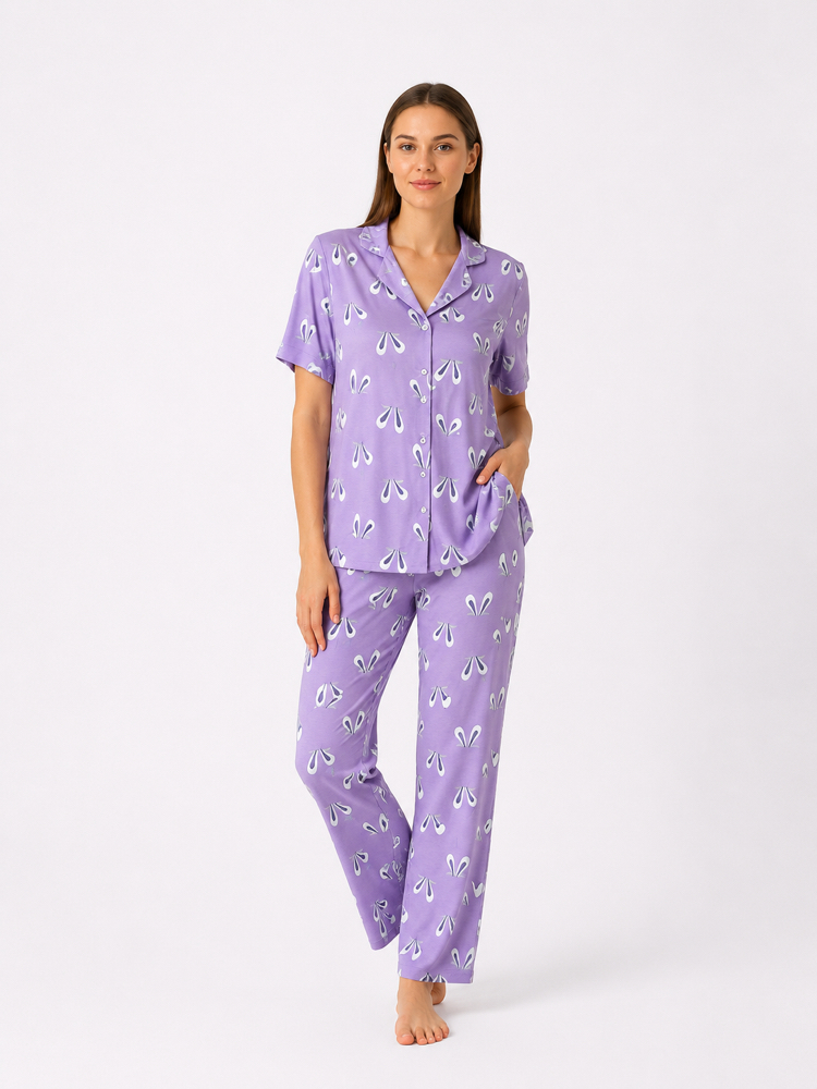 Tavşan kulağı desenli mor kadın pijama takımı