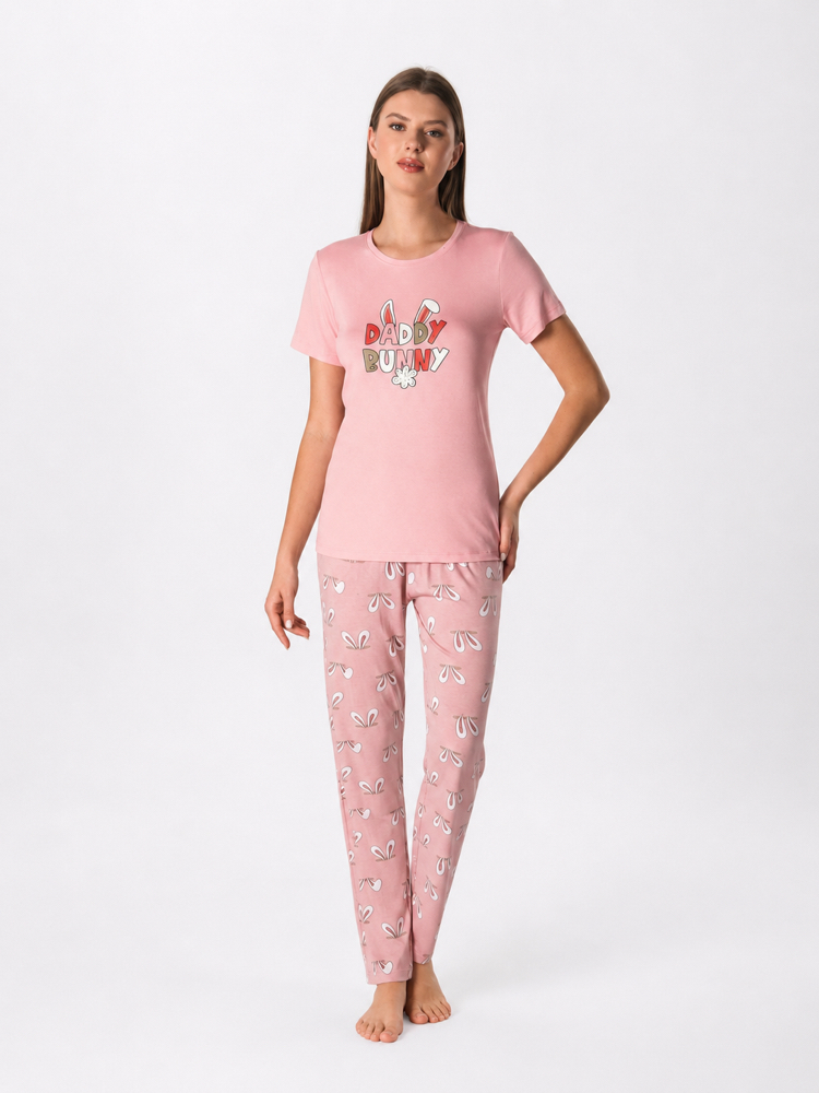 Daddy bunny yazılı pembe kadın pijama takımı