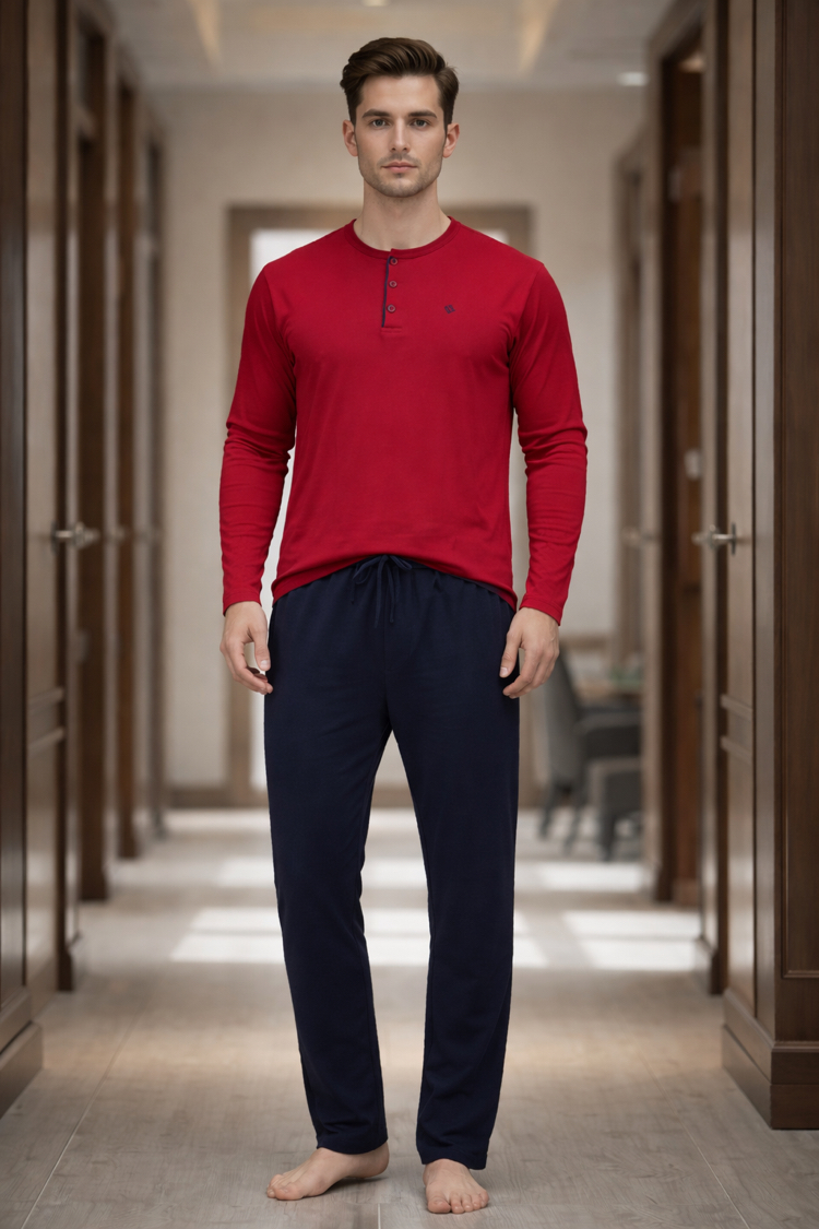 Erkek Uzun kollu Yarım düğmeli pijama takımı Bordo