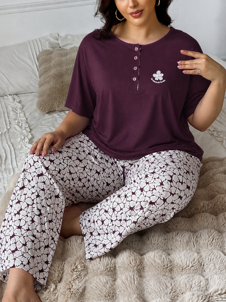 Büyük beden Mor Yarım dügmeli pijama takımı