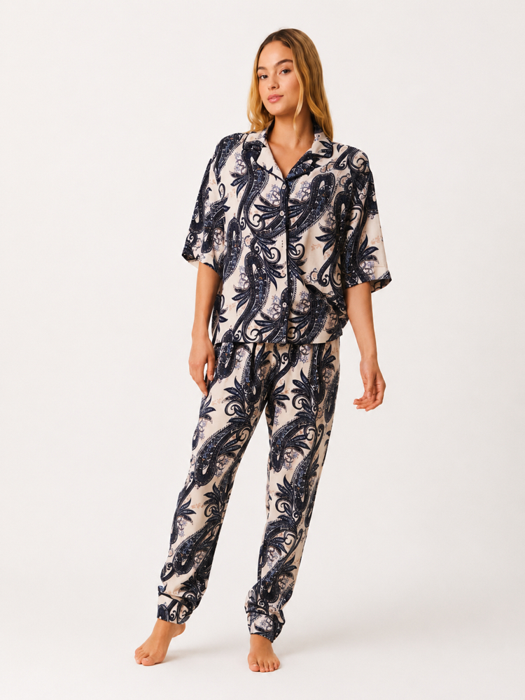 Mavi desenli yarasa kol kadın pijama takımı