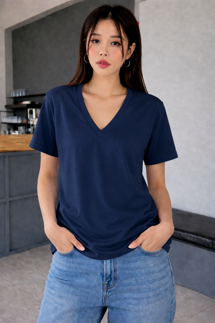 İndigo renk V YAKA Massimo Dutti t-shirt %100 pamuk