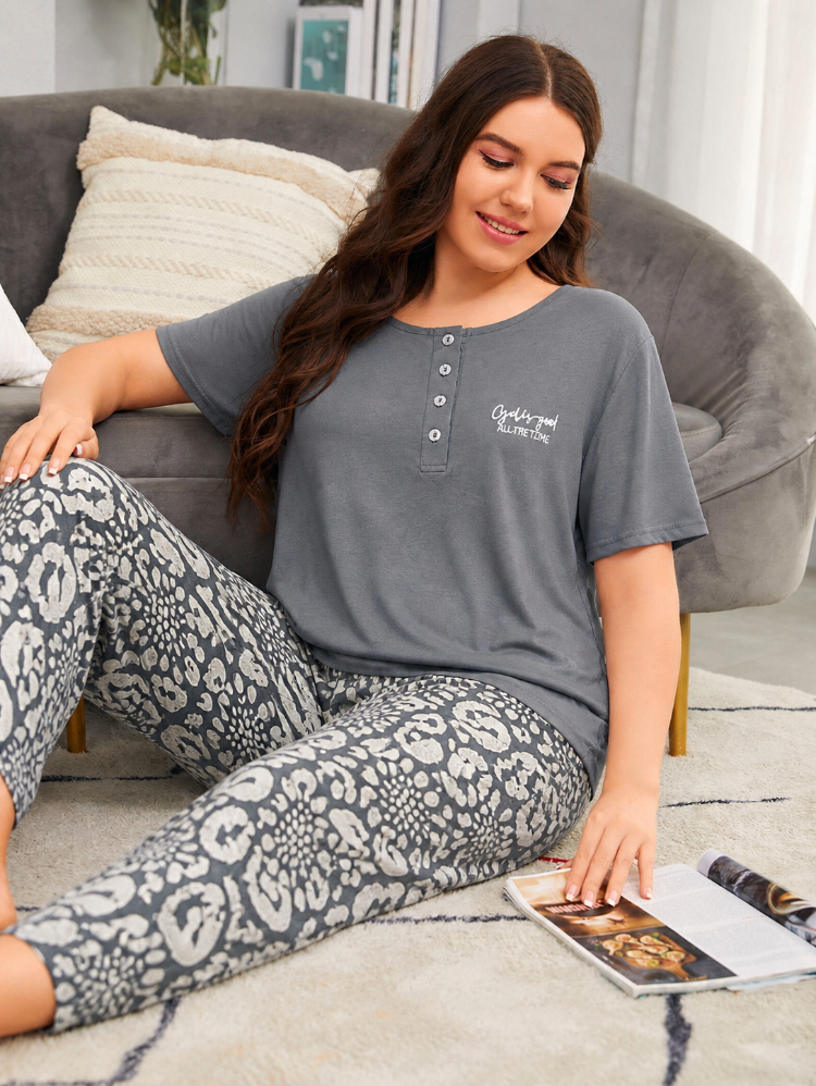Büyük beden gri desenli pijama takımı 