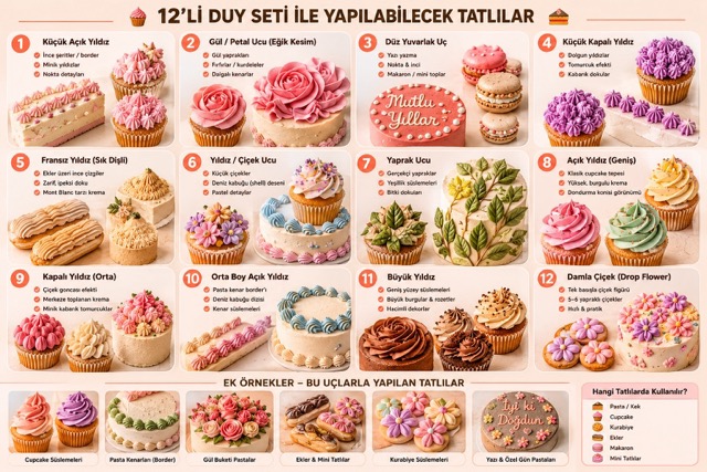 Profesyonel Pastalar İçin Tam Donanımlı 12 li Dekorasyon Seti (Paslanmaz Çelik Duy Seti)