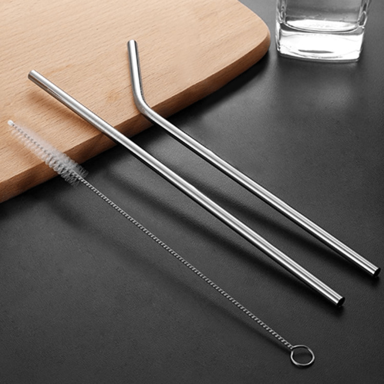 31 cm Ekstra Uzun Paslanmaz Çelik Pipet Seti 3 Parça (Eğri Düz Fırça)