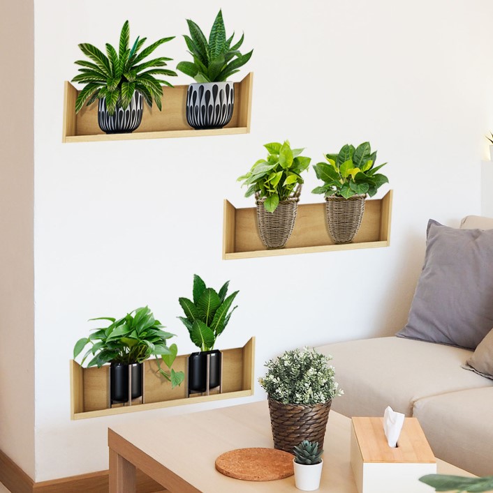Raflı Bitki Tasarımlı Yapışkanlı Sticker 20 30 cm 3lü Set
