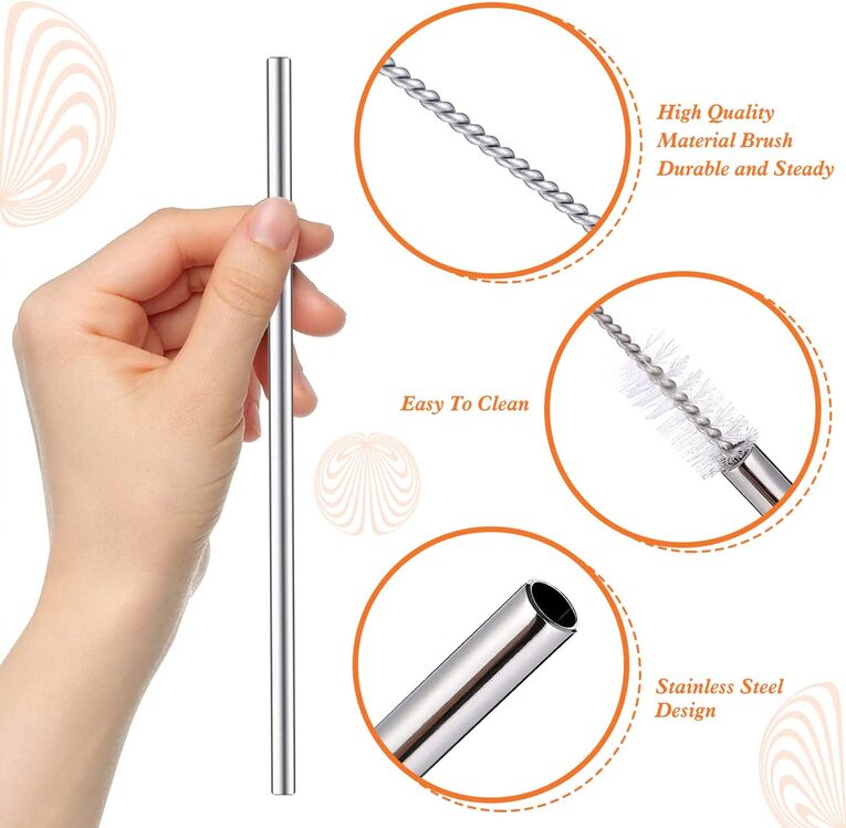 31 cm Ekstra Uzun Paslanmaz Çelik Pipet Seti 3 Parça (Eğri Düz Fırça)