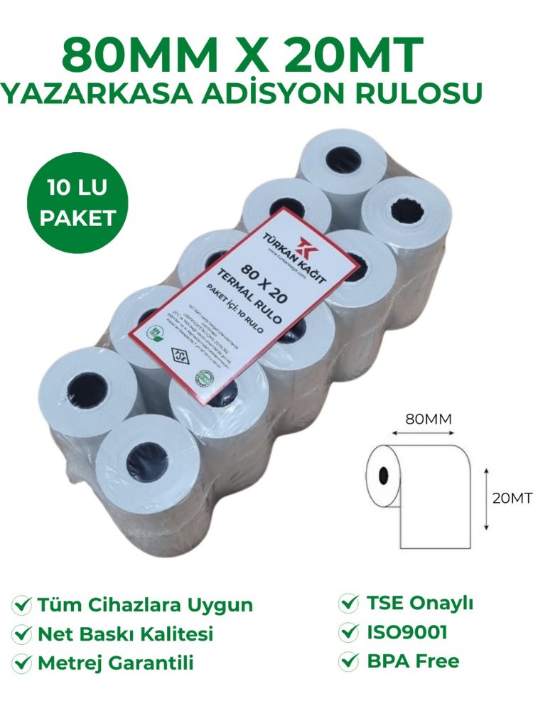 80X20 Termal Rulo 1 Paket 10 Adet Yazarkasa Adisyon Rulosu TSE Belgeli