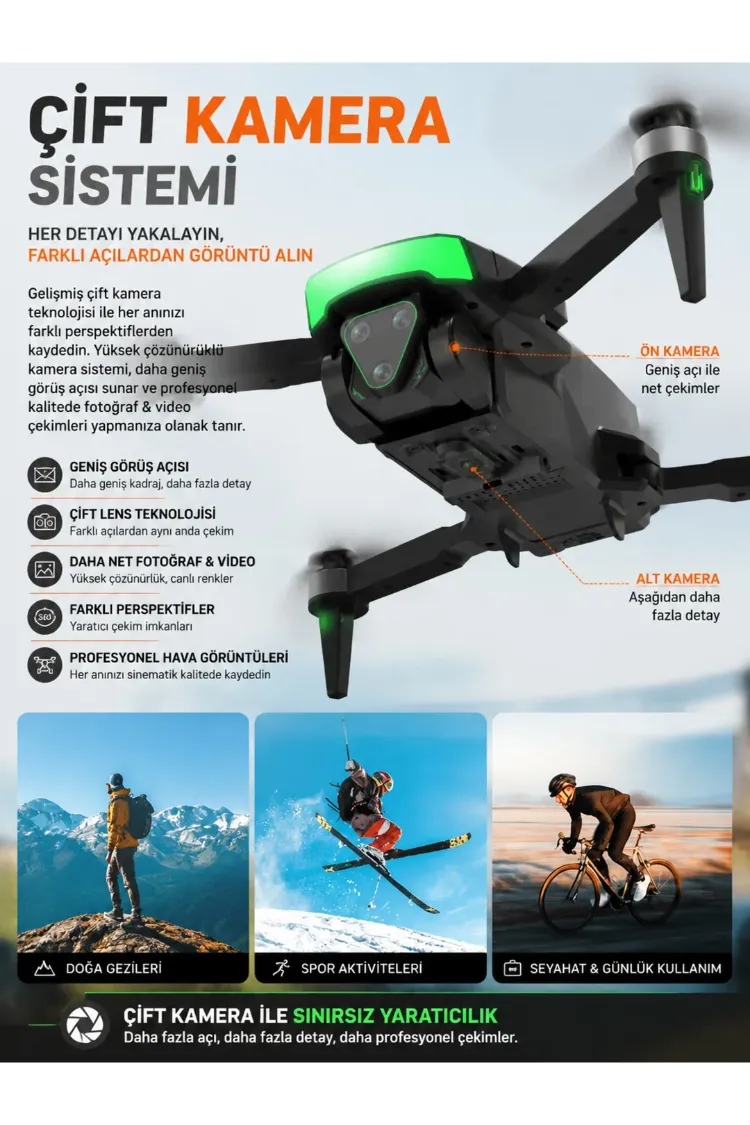 Fırçasız Motorlu Katlanabilir Drone 480P Çift Kamera, WiFi FPV, 360° Engel Algılama, 2 Batary