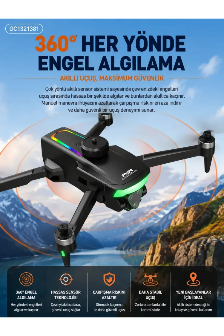 Fırçasız Motorlu Katlanabilir Drone 480P Çift Kamera, WiFi FPV, 360° Engel Algılama, 2 Batary