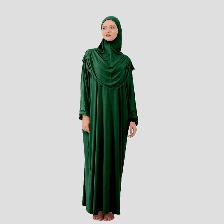 Kadın Tesettür Pamuklu Başörtülü Namaz Elbisesi Dantelli Tek Parça Penye Kumaş 