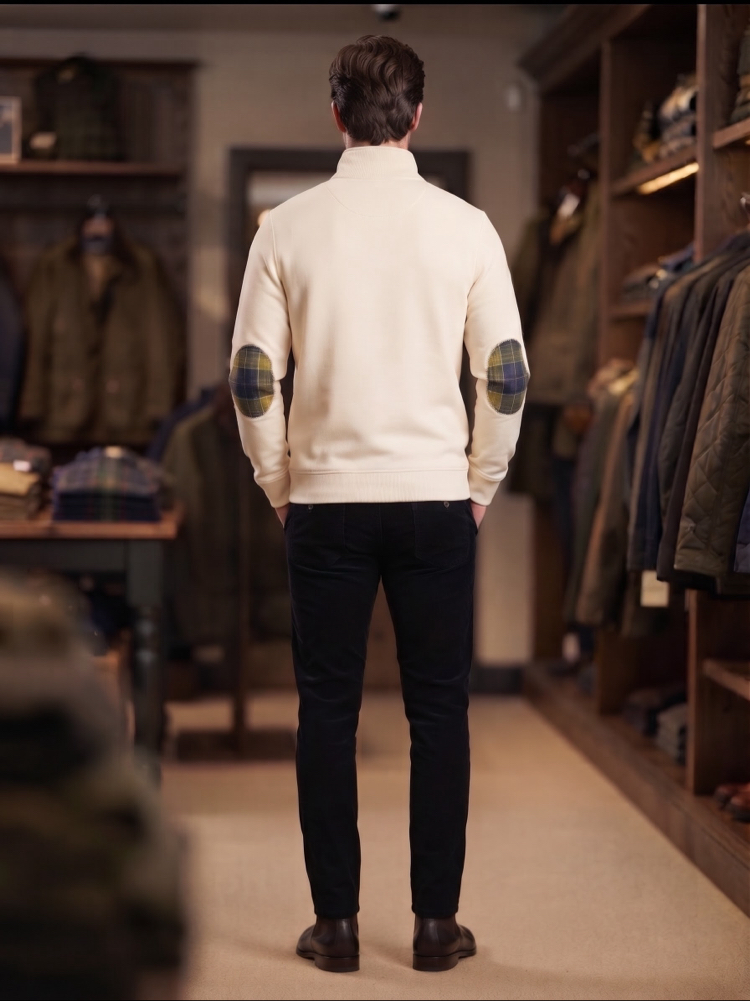 Barbour Dirsek Yamalı Fermuarlı Yaka Erkek Sweatshirt - Krem