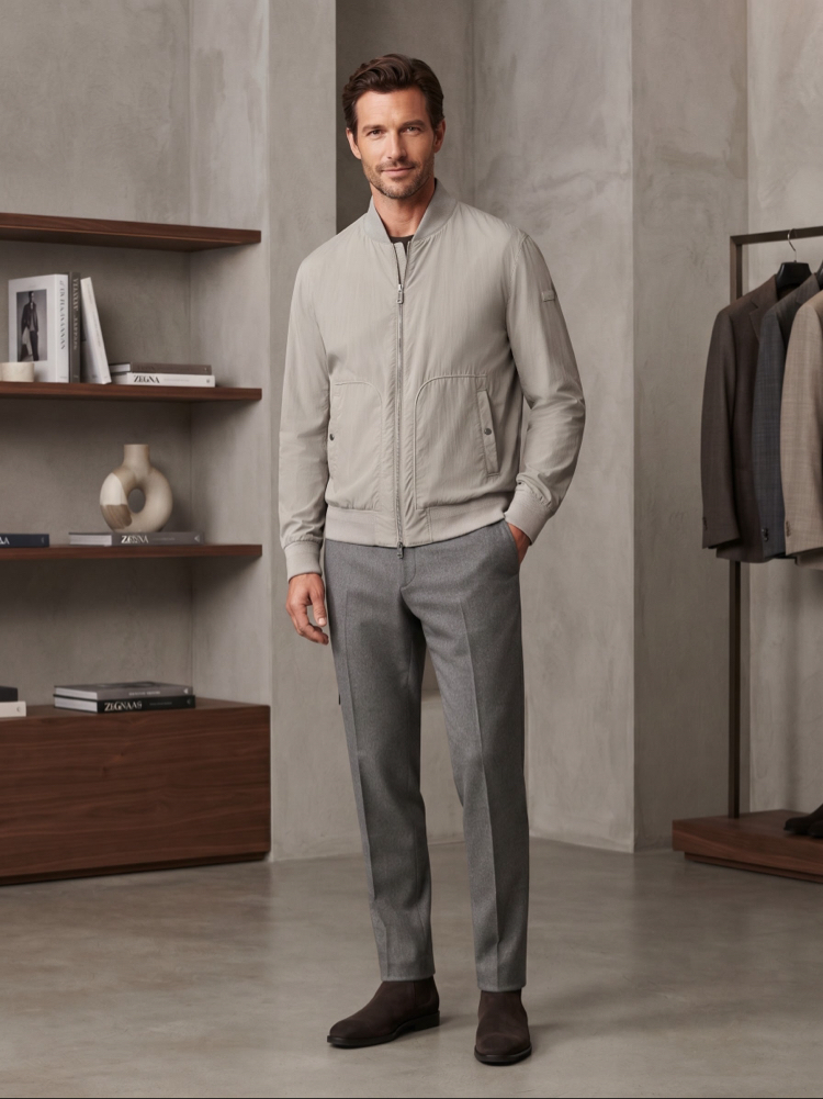 Zegna Premium Açık Gri Fermuarlı Bomber Ceket