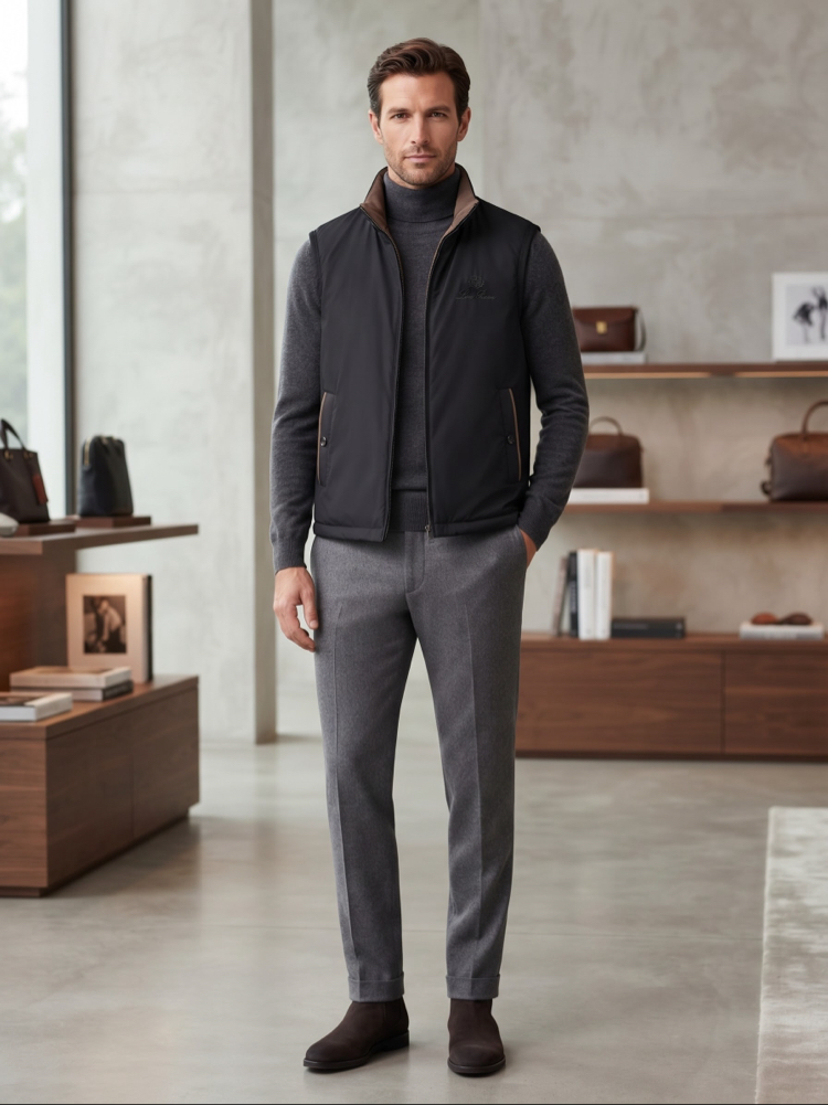 Loro Piana Premium Siyah Fermuarlı Şık Yelek