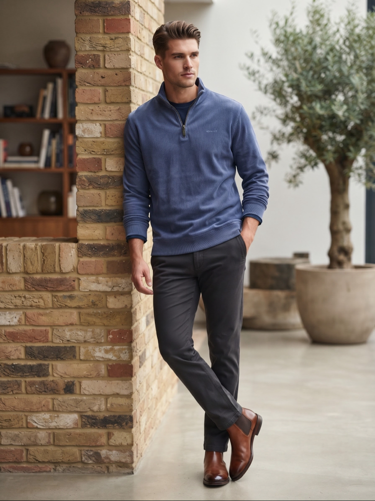 Gant Fermuarlı Yaka Dokulu Erkek Sweatshirt - Mavi