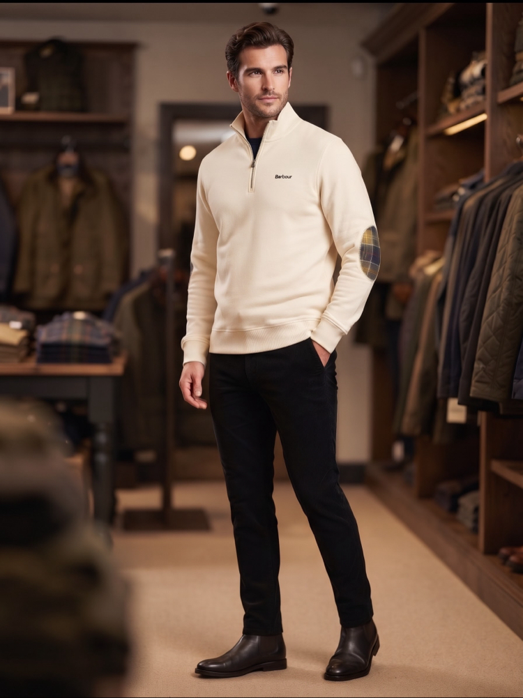 Barbour Dirsek Yamalı Fermuarlı Yaka Erkek Sweatshirt - Krem