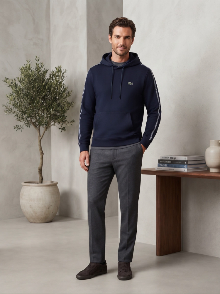 Lacoste Premium Lacivert Şerit Detaylı Kapüşonlu Sweatshirt