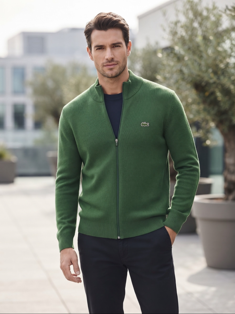 Lacoste Fermuarlı Dik Yaka Erkek Triko Sweatshirt - Yeşil