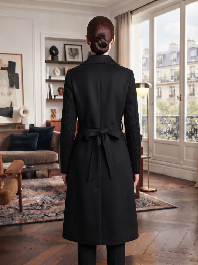 Max Mara Siyah Kuşaklı ve Triko Kollu Kaşe Kaban / Palto