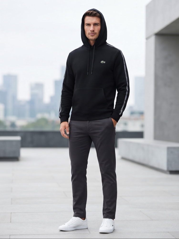 Lacoste Kapüşonlu Kolları Şeritli Erkek Sweatshirt - Siyah