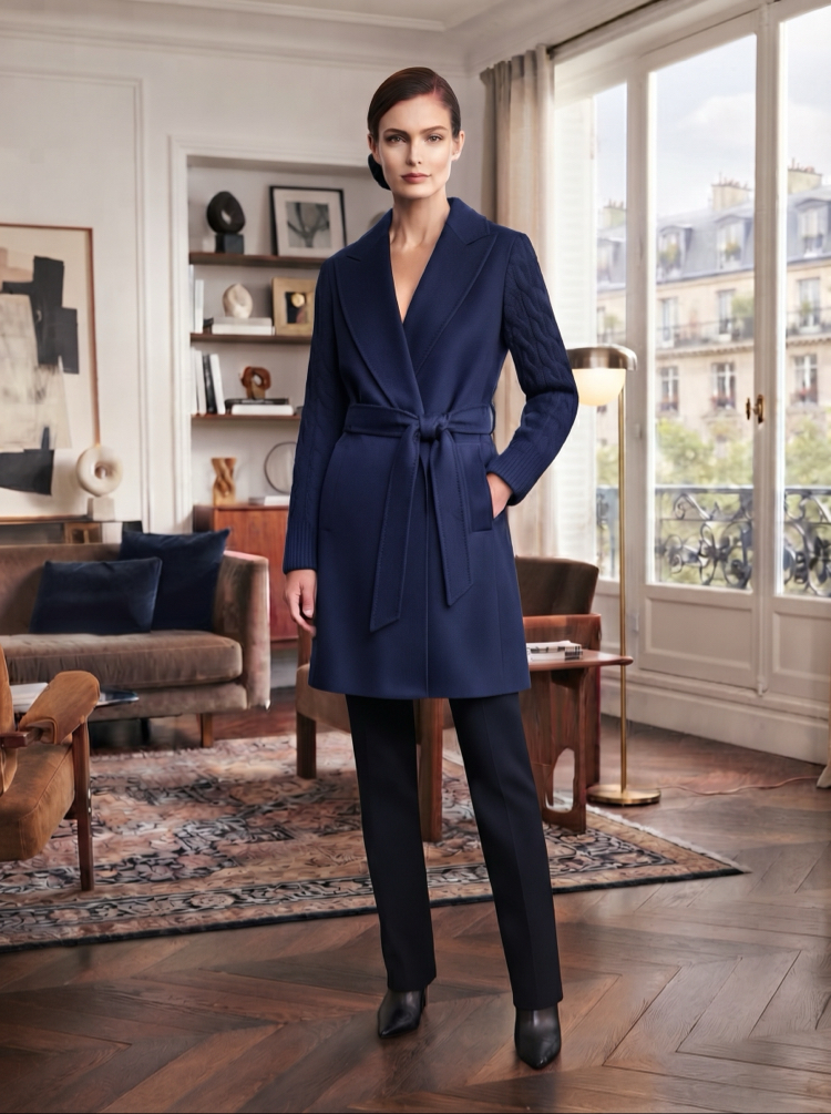 Max Mara Lacivert Kuşaklı ve Triko Kollu Kaşe Kaban / Palto